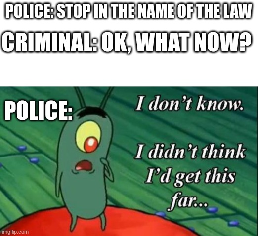 Imgflip: input title. Me: (No good ideas) um...AMONG US. | POLICE: STOP IN THE NAME OF THE LAW; CRIMINAL: OK, WHAT NOW? POLICE: | image tagged in blank white template,police,why are you reading the tags,stop reading these tags,plankton | made w/ Imgflip meme maker