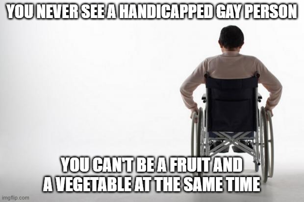 Wheelchair Humor | YOU NEVER SEE A HANDICAPPED GAY PERSON; YOU CAN'T BE A FRUIT AND A VEGETABLE AT THE SAME TIME | image tagged in wheelchair | made w/ Imgflip meme maker