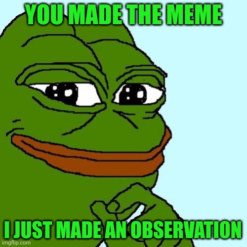 Smug Pepe | YOU MADE THE MEME I JUST MADE AN OBSERVATION | image tagged in smug pepe | made w/ Imgflip meme maker