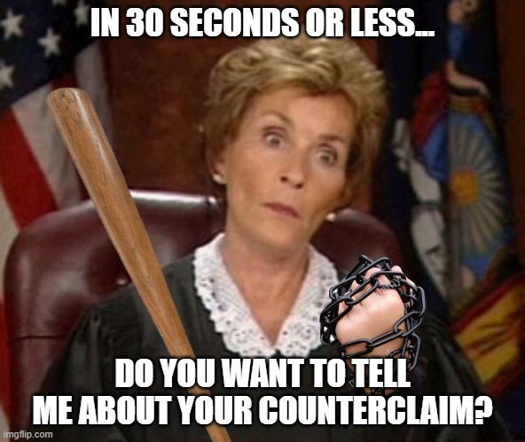 Judge Judy 30 Seconds or Less | IN 30 SECONDS OR LESS... DO YOU WANT TO TELL ME ABOUT YOUR COUNTERCLAIM? | image tagged in judge judy gangsta,judge judy,counterclaim | made w/ Imgflip meme maker