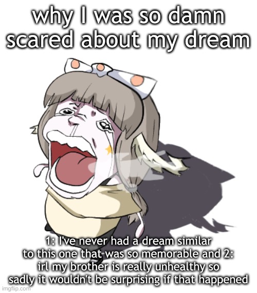 and by "really unhealthy" I don't mean obese | why I was so damn scared about my dream; 1: I've never had a dream similar to this one that was so memorable and 2: irl my brother is really unhealthy so sadly it wouldn't be surprising if that happened | image tagged in quandria crying | made w/ Imgflip meme maker