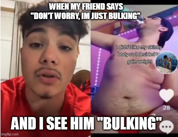 Don't Worry I'm Just Bulking |  WHEN MY FRIEND SAYS "DON'T WORRY, IM JUST BULKING"; AND I SEE HIM "BULKING" | image tagged in bulking meme,gym memes,fat,obese,buking | made w/ Imgflip meme maker