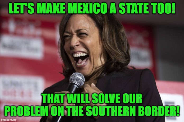 Kamala laughing | LET'S MAKE MEXICO A STATE TOO! THAT WILL SOLVE OUR PROBLEM ON THE SOUTHERN BORDER! | image tagged in kamala laughing | made w/ Imgflip meme maker