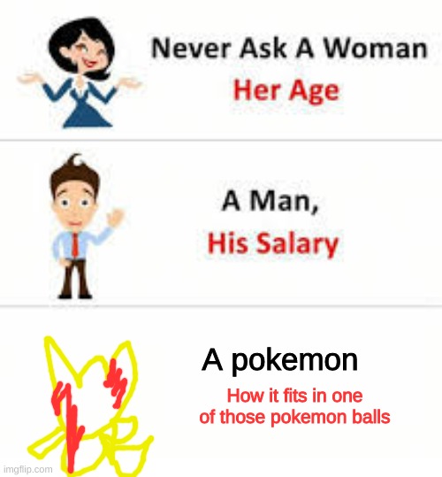 Pokeball.jpg | A pokemon; How it fits in one of those pokemon balls | image tagged in never ask a woman her age | made w/ Imgflip meme maker