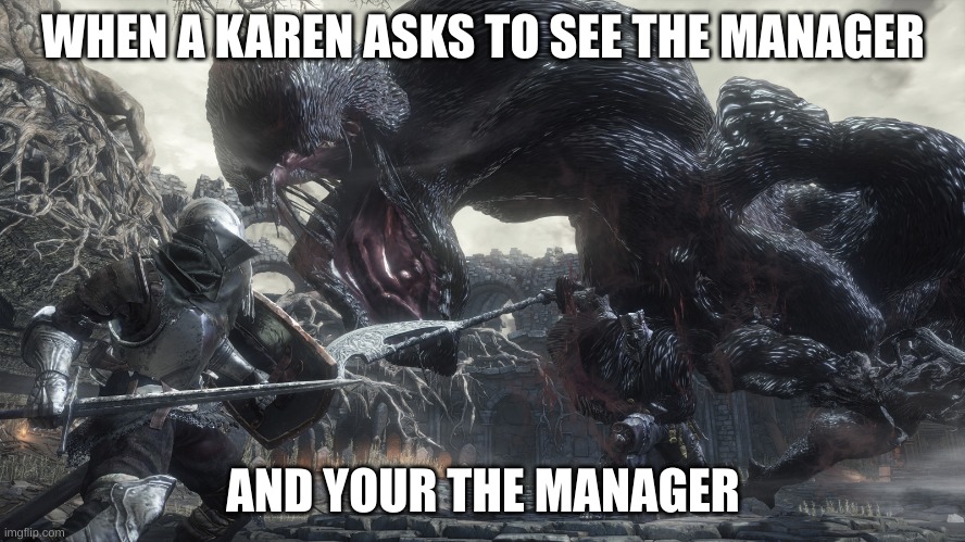 Your the manager :O | WHEN A KAREN ASKS TO SEE THE MANAGER; AND YOUR THE MANAGER | image tagged in welcome to dark souls,karen | made w/ Imgflip meme maker