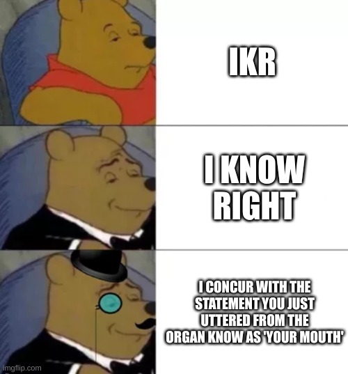 *insert catchy title here* | IKR; I KNOW RIGHT; I CONCUR WITH THE STATEMENT YOU JUST UTTERED FROM THE ORGAN KNOW AS 'YOUR MOUTH' | image tagged in fancy pooh,ikr | made w/ Imgflip meme maker