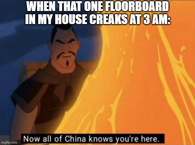 Now all of China knows you're here | WHEN THAT ONE FLOORBOARD IN MY HOUSE CREAKS AT 3 AM: | image tagged in now all of china knows you're here,memes,funny memes,funny | made w/ Imgflip meme maker