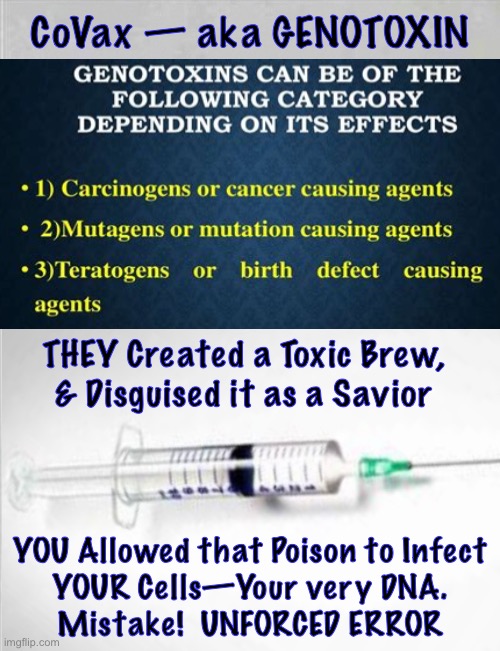Then… you tried to make US look like the Idiots | CoVax — aka GENOTOXIN; THEY Created a Toxic Brew,
& Disguised it as a Savior; YOU Allowed that Poison to Infect
YOUR Cells—Your very DNA.
Mistake!  UNFORCED ERROR | image tagged in memes,vaccines,vax,you should be pissed at them not us,but then,youre democrats so youre mixed up | made w/ Imgflip meme maker