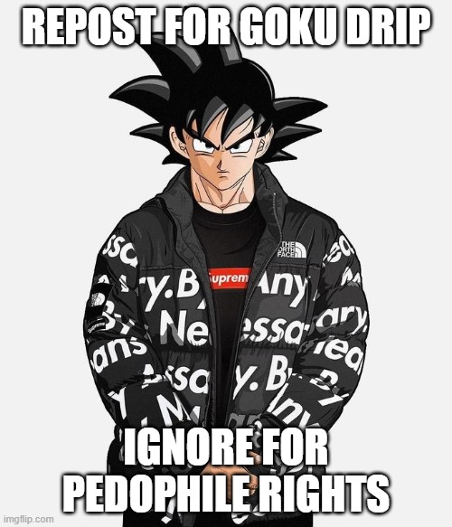 I too have drip | REPOST FOR GOKU DRIP; IGNORE FOR PEDOPHILE RIGHTS | image tagged in drip goku | made w/ Imgflip meme maker