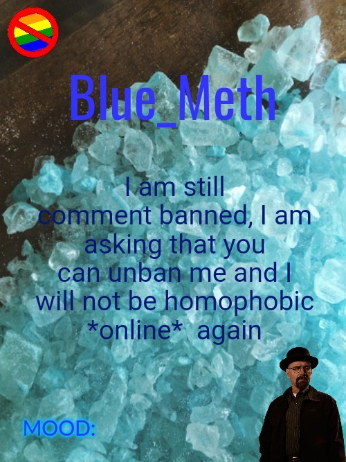 Blue_Meth Template |  I am still comment banned, I am asking that you can unban me and I will not be homophobic  *online*  again | image tagged in blue_meth template | made w/ Imgflip meme maker