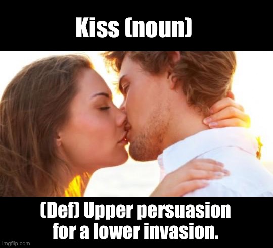 Kiss | Kiss (noun); (Def) Upper persuasion for a lower invasion. | image tagged in man woman kissing | made w/ Imgflip meme maker