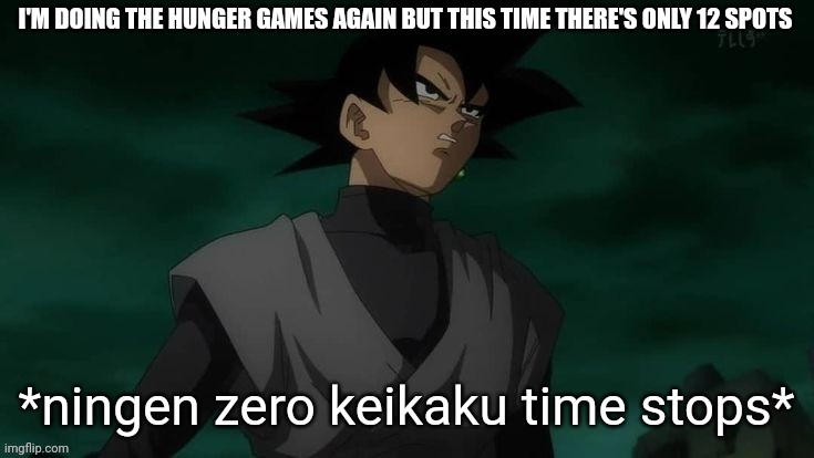 ningen zero keikaku time stops | I'M DOING THE HUNGER GAMES AGAIN BUT THIS TIME THERE'S ONLY 12 SPOTS | image tagged in ningen zero keikaku time stops | made w/ Imgflip meme maker