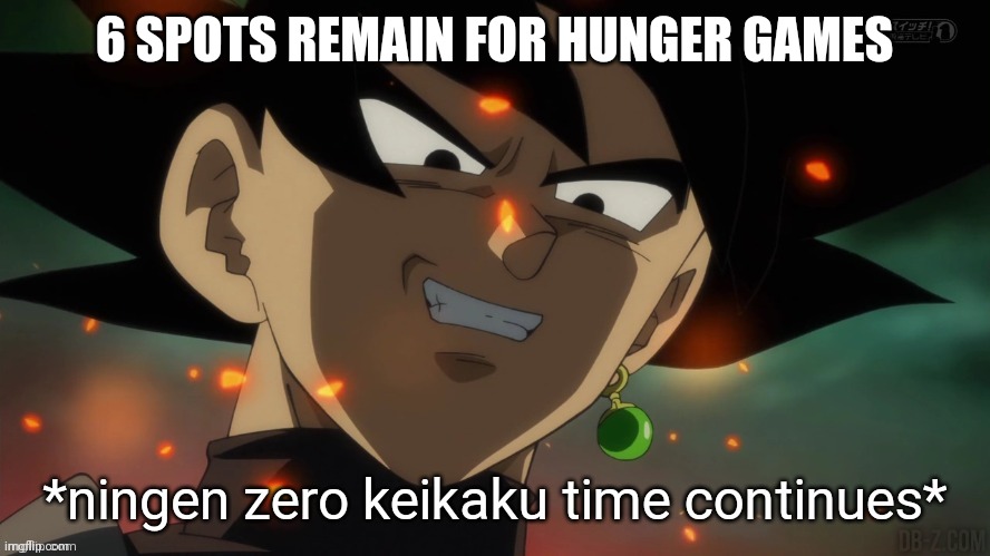 ningen zero keikaku time continues | 6 SPOTS REMAIN FOR HUNGER GAMES | image tagged in ningen zero keikaku time continues | made w/ Imgflip meme maker