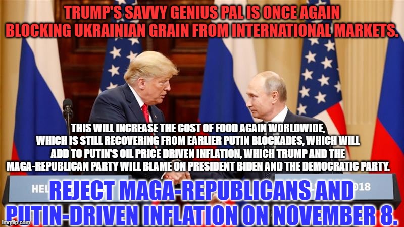 Reject the Putin-Trump Axis.  Vote Blue in '22. | TRUMP'S SAVVY GENIUS PAL IS ONCE AGAIN BLOCKING UKRAINIAN GRAIN FROM INTERNATIONAL MARKETS. THIS WILL INCREASE THE COST OF FOOD AGAIN WORLDWIDE, WHICH IS STILL RECOVERING FROM EARLIER PUTIN BLOCKADES, WHICH WILL ADD TO PUTIN'S OIL PRICE DRIVEN INFLATION, WHICH TRUMP AND THE MAGA-REPUBLICAN PARTY WILL BLAME ON PRESIDENT BIDEN AND THE DEMOCRATIC PARTY. REJECT MAGA-REPUBLICANS AND PUTIN-DRIVEN INFLATION ON NOVEMBER 8. | image tagged in trump and putin summit | made w/ Imgflip meme maker