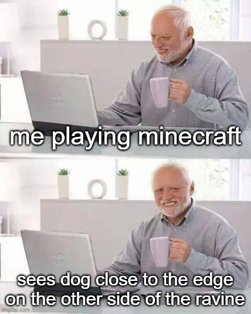 Hide the Pain Harold | me playing minecraft; sees dog close to the edge on the other side of the ravine | image tagged in memes,hide the pain harold | made w/ Imgflip meme maker