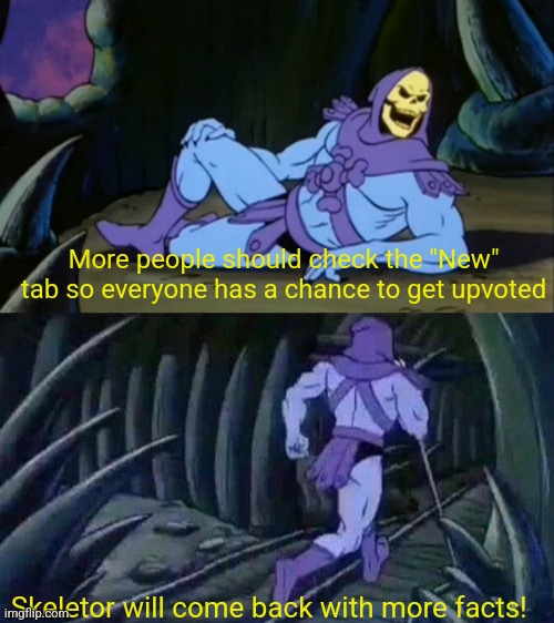 Isn't that a good idea ? | More people should check the "New" tab so everyone has a chance to get upvoted; Skeletor will come back with more facts! | image tagged in skeletor disturbing facts,facts,memes,imgflip users,imgflip,its true | made w/ Imgflip meme maker