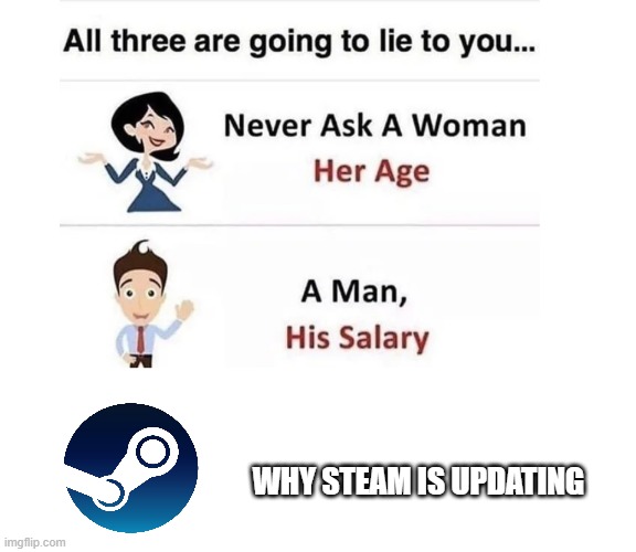 never ask | WHY STEAM IS UPDATING | image tagged in never ask | made w/ Imgflip meme maker