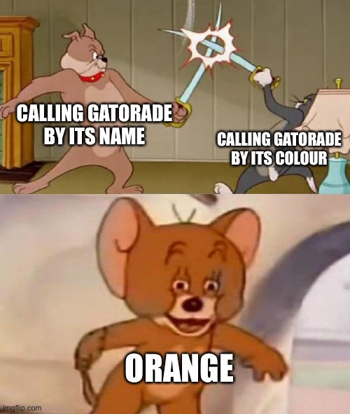 Tom and Jerry swordfight | CALLING GATORADE BY ITS NAME; CALLING GATORADE BY ITS COLOUR; ORANGE | image tagged in tom and jerry swordfight | made w/ Imgflip meme maker