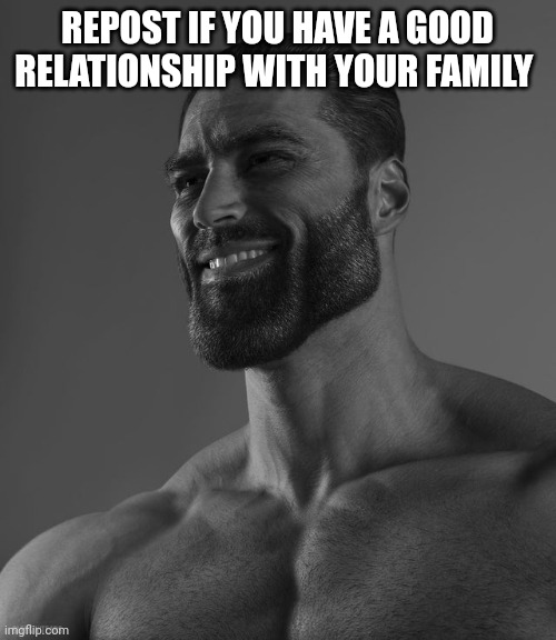 Giga Chad | REPOST IF YOU HAVE A GOOD RELATIONSHIP WITH YOUR FAMILY | image tagged in giga chad | made w/ Imgflip meme maker