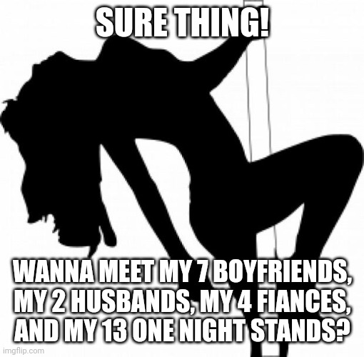 stripper | SURE THING! WANNA MEET MY 7 BOYFRIENDS, MY 2 HUSBANDS, MY 4 FIANCES, AND MY 13 ONE NIGHT STANDS? | image tagged in stripper | made w/ Imgflip meme maker