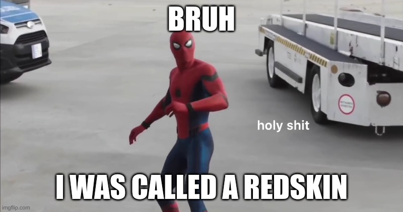 holy shit | BRUH; I WAS CALLED A REDSKIN | image tagged in holy shit | made w/ Imgflip meme maker