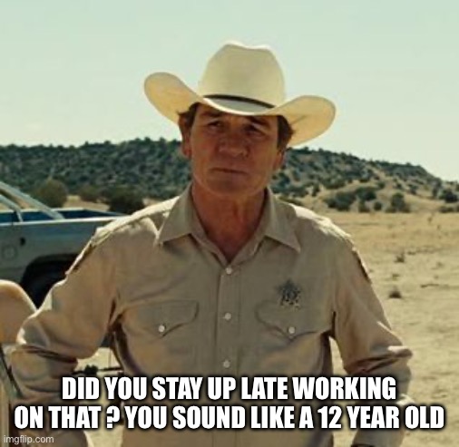 Tommy Lee Jones, No Country.. | DID YOU STAY UP LATE WORKING ON THAT ? YOU SOUND LIKE A 12 YEAR OLD | image tagged in tommy lee jones no country | made w/ Imgflip meme maker