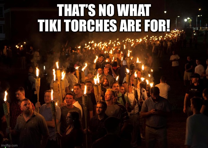 White Nationalist Polynesian Tiki Torches | THAT’S NO WHAT TIKI TORCHES ARE FOR! | image tagged in white nationalist polynesian tiki torches | made w/ Imgflip meme maker
