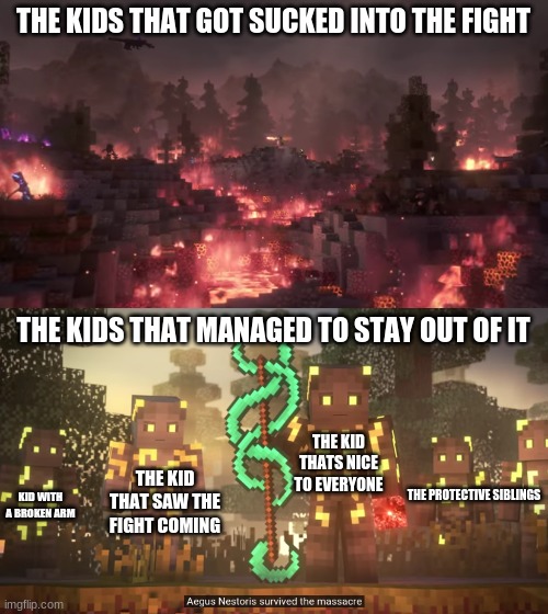 School of war season 2. #3. Survivors | THE KIDS THAT GOT SUCKED INTO THE FIGHT; THE KIDS THAT MANAGED TO STAY OUT OF IT; THE KID THATS NICE TO EVERYONE; THE KID THAT SAW THE FIGHT COMING; KID WITH A BROKEN ARM; THE PROTECTIVE SIBLINGS | image tagged in memes,funny | made w/ Imgflip meme maker