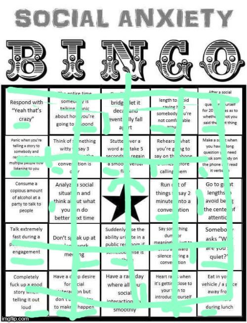 I would've had an entire bingo but I'm a minor so I can't drink | image tagged in social anxiety bingo | made w/ Imgflip meme maker