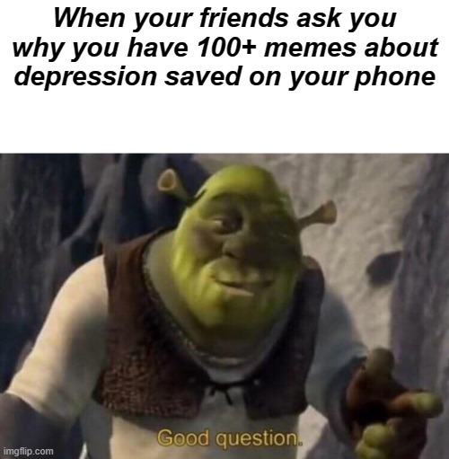 now let me explain... | When your friends ask you why you have 100+ memes about depression saved on your phone | image tagged in shrek good question,depression | made w/ Imgflip meme maker