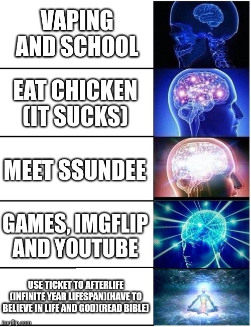 Expanding Brain 5 Panel | VAPING AND SCHOOL; EAT CHICKEN (IT SUCKS); MEET SSUNDEE; GAMES, IMGFLIP AND YOUTUBE; USE TICKET TO AFTERLIFE (INFINITE YEAR LIFESPAN)(HAVE TO BELIEVE IN LIFE AND GOD)(READ BIBLE) | image tagged in expanding brain 5 panel | made w/ Imgflip meme maker