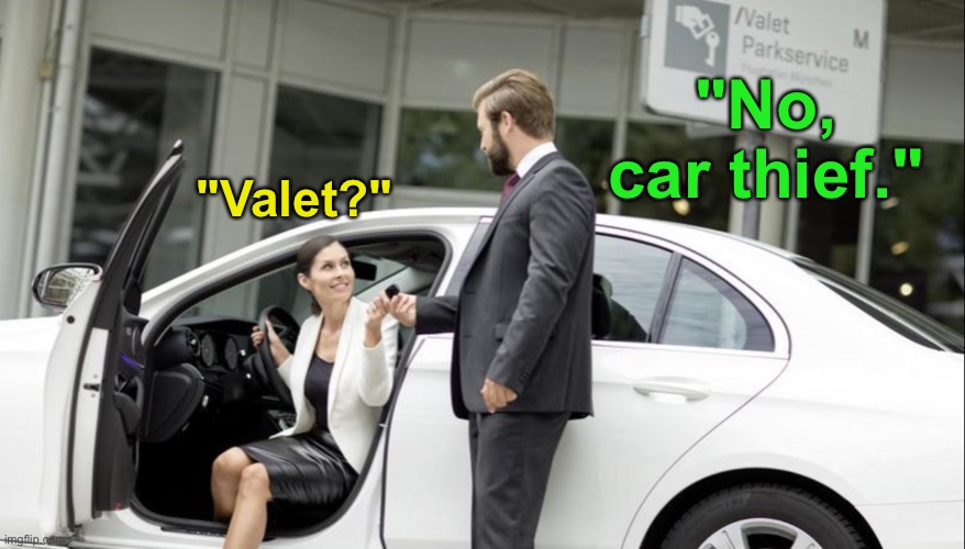 Not what you think | "No, car thief."; "Valet?" | image tagged in memes,unfunny | made w/ Imgflip meme maker