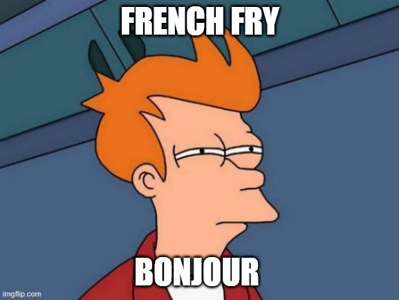 Futurama Fry | FRENCH FRY; BONJOUR | image tagged in memes,futurama fry | made w/ Imgflip meme maker