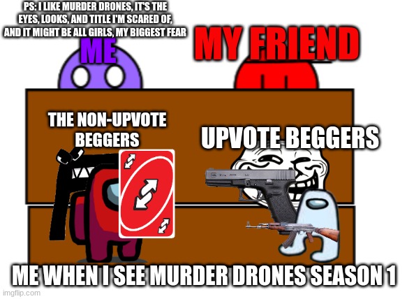 Murder Drones is coming, but I am scared ((O n O)) | PS: I LIKE MURDER DRONES, IT'S THE EYES, LOOKS, AND TITLE I'M SCARED OF, AND IT MIGHT BE ALL GIRLS, MY BIGGEST FEAR; MY FRIEND; ME; THE NON-UPVOTE BEGGERS; UPVOTE BEGGERS; ME WHEN I SEE MURDER DRONES SEASON 1 | image tagged in no no hes got a point,uno reverse card,alphabet lore,troll | made w/ Imgflip meme maker