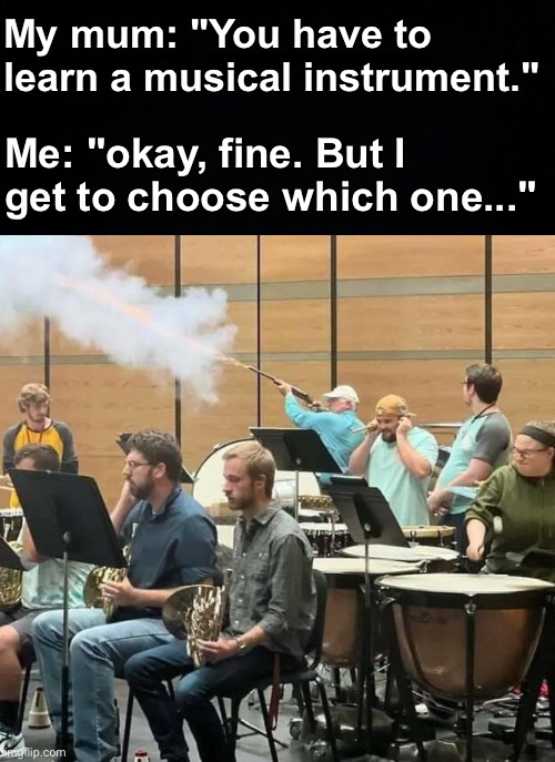 the SHOTGUN | My mum: "You have to learn a musical instrument."; Me: "okay, fine. But I get to choose which one..." | image tagged in memes,unfunny | made w/ Imgflip meme maker
