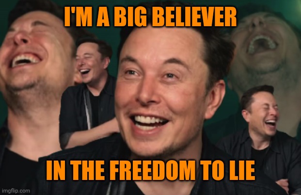 Elon Musk Laughing | I'M A BIG BELIEVER IN THE FREEDOM TO LIE | image tagged in elon musk laughing | made w/ Imgflip meme maker