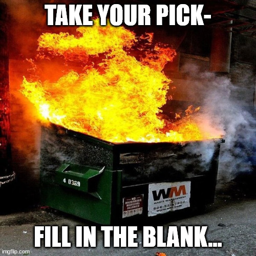 Dumpster Fire of your choice | TAKE YOUR PICK-; FILL IN THE BLANK... | image tagged in dumpster fire,dumpster | made w/ Imgflip meme maker