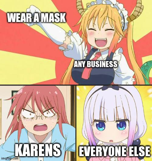 And That's a Fact! | WEAR A MASK; ANY BUSINESS; KARENS; EVERYONE ELSE | image tagged in dragon maid toothless meme,anime,memes,karens | made w/ Imgflip meme maker