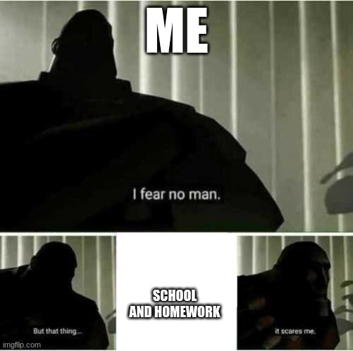 I fear no man | ME; SCHOOL AND HOMEWORK | image tagged in i fear no man | made w/ Imgflip meme maker