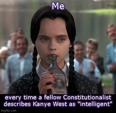 "Ye" is just short for:  yes, he's always been an idiot | Me; every time a fellow Constitutionalist describes Kanye West as "intelligent" | image tagged in wednesday addams poison,kanye west,ye,fake people,antisemitism,a lifetime of stupid | made w/ Imgflip meme maker