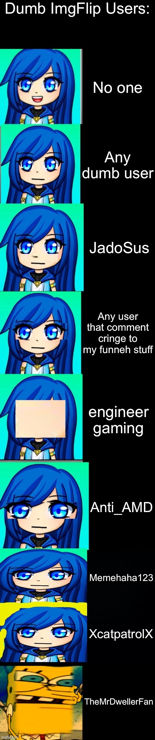 Itsfunneh becoming Idiot | Dumb ImgFlip Users:; No one; Any dumb user; JadoSus; Any user that comment cringe to my funneh stuff; engineer gaming; Anti_AMD; Memehaha123; XcatpatrolX; TheMrDwellerFan | image tagged in itsfunneh becoming idiot | made w/ Imgflip meme maker