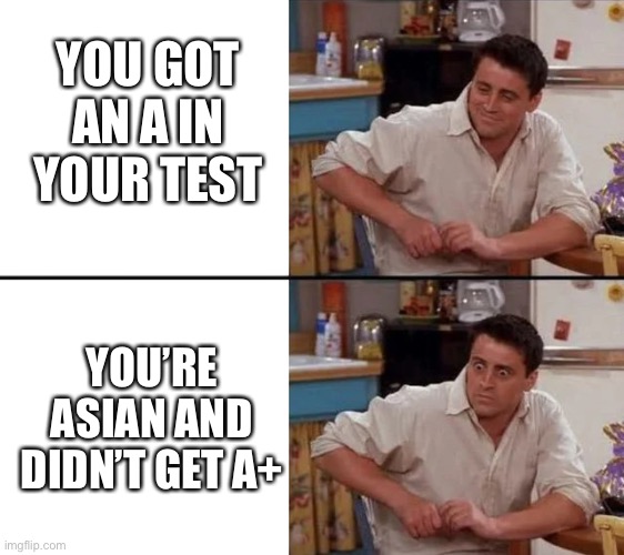 Surprised Joey | YOU GOT AN A IN YOUR TEST; YOU’RE ASIAN AND DIDN’T GET A+ | image tagged in surprised joey | made w/ Imgflip meme maker