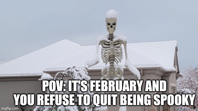 Snowy Skeleton | POV: IT'S FEBRUARY AND YOU REFUSE TO QUIT BEING SPOOKY | image tagged in snowy skeleton | made w/ Imgflip meme maker