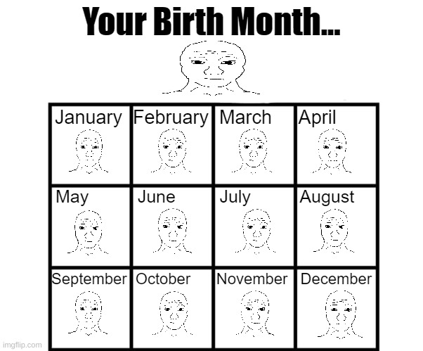 front facing wojak | image tagged in birth month alignment chart | made w/ Imgflip meme maker
