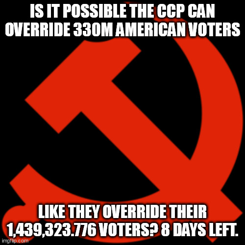 IS IT POSSIBLE THE CCP CAN OVERRIDE 330M AMERICAN VOTERS; LIKE THEY OVERRIDE THEIR 1,439,323.776 VOTERS? 8 DAYS LEFT. | made w/ Imgflip meme maker