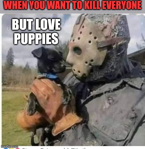 JASON HATES EVERYONE BUT PUPPIES | WHEN YOU WANT TO KILL EVERYONE; BUT LOVE PUPPIES | image tagged in jason voorhees,dogs,puppies,spooktober | made w/ Imgflip meme maker