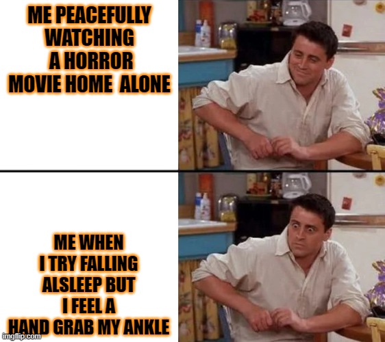 aghhhhhh | ME PEACEFULLY WATCHING  A HORROR MOVIE HOME  ALONE; ME WHEN I TRY FALLING ALSLEEP BUT I FEEL A HAND GRAB MY ANKLE | image tagged in surprised joey | made w/ Imgflip meme maker
