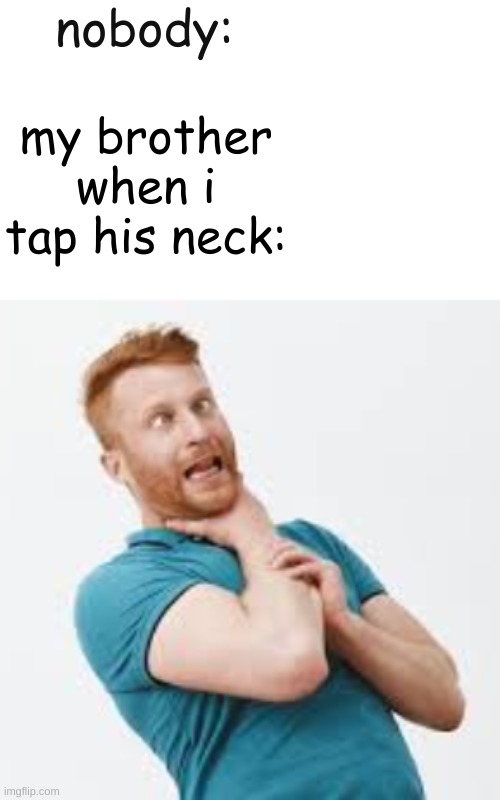 nobody:; my brother when i tap his neck: | image tagged in siblings,relatable,bruh moment | made w/ Imgflip meme maker