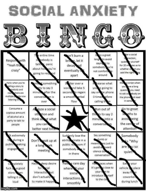 All except the alcohol thing bc I’m underage | image tagged in social anxiety bingo | made w/ Imgflip meme maker