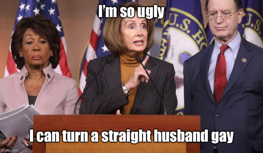 pelosi explains | I’m so ugly I can turn a straight husband gay | image tagged in pelosi explains | made w/ Imgflip meme maker